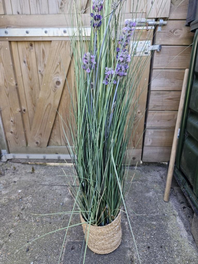 €25 kunst lavendelplant 120 cm met zeegras bloempot, Ophalen, Kunstplant, Zijde, Zo goed als nieuw