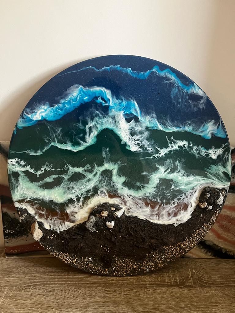 Uniek Epoxy Kunstwerk: Oceaan Golf op Rond Paneel, Ophalen of Verzenden