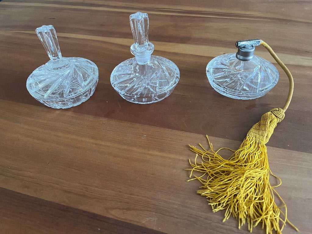 Set van drie vintage kaptafel parfum flessen kristal, Antiek en Kunst, Antiek | Glas en Kristal, Ophalen of Verzenden