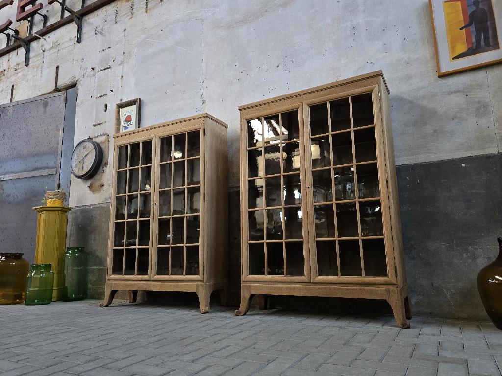 2x Vintage Eiken Hout Vitrinekast | Landelijke Vitrine Kast, Glas, 100 tot 150 cm, Ophalen of Verzenden, Vintage Landelijk Klassiek Modern