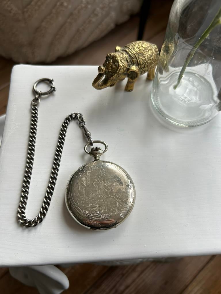 Zilver opwind zakhorloge Monté Ancre met ketting., Sieraden, Tassen en Uiterlijk, Horloges | Antiek, Overige merken, Zakhorloge