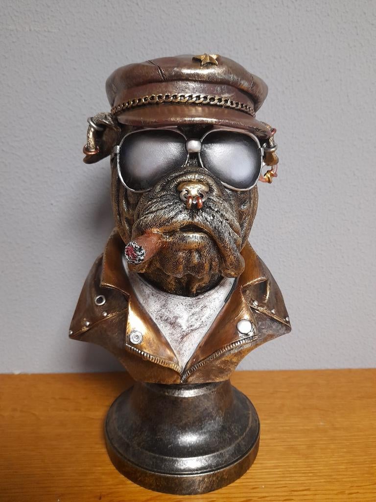 Bust of a dressed bulldog with cigar, Antiek en Kunst, Kunst | Beelden en Houtsnijwerken, Ophalen of Verzenden