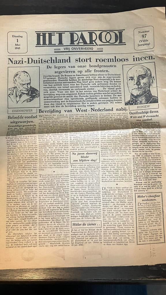 Originele krant Het Parool 1 mei 1945, Verzamelen, Tijdschriften, Kranten en Knipsels, Ophalen of Verzenden, Nederland
