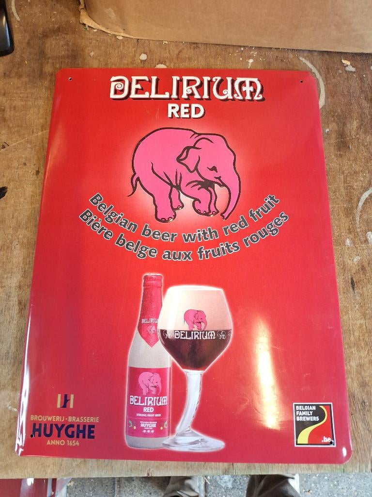 Metalen origineel reclame bord Delirium Red in mooie staat, Ophalen of Verzenden, Zo goed als nieuw, Reclamebord, Plaat of Schild