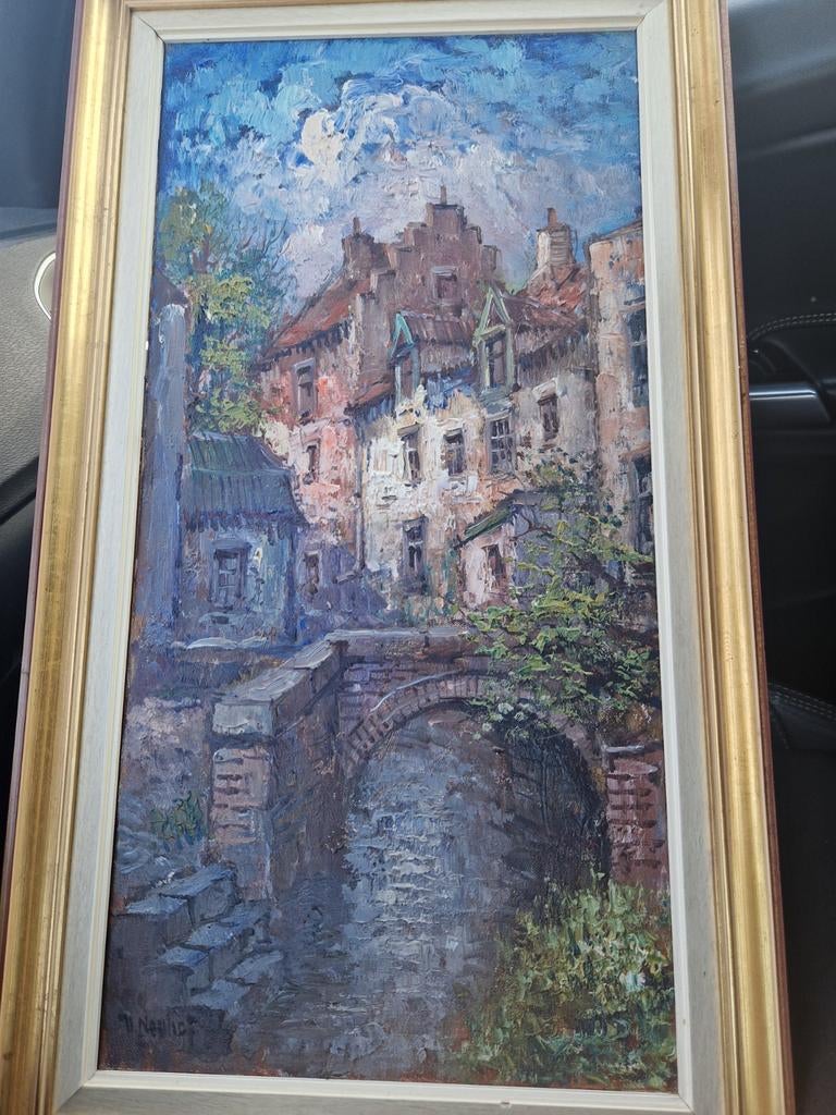 Schilderij Stadsgezicht, Walter Neuhof, 35x65 cm, Ophalen of Verzenden