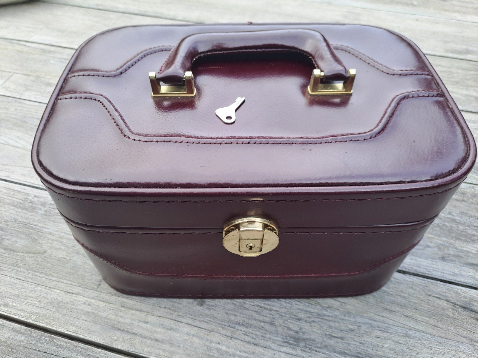 Vintage beautycase bruin leer met slotje, Ophalen of Verzenden, Gebruikt, Bruin