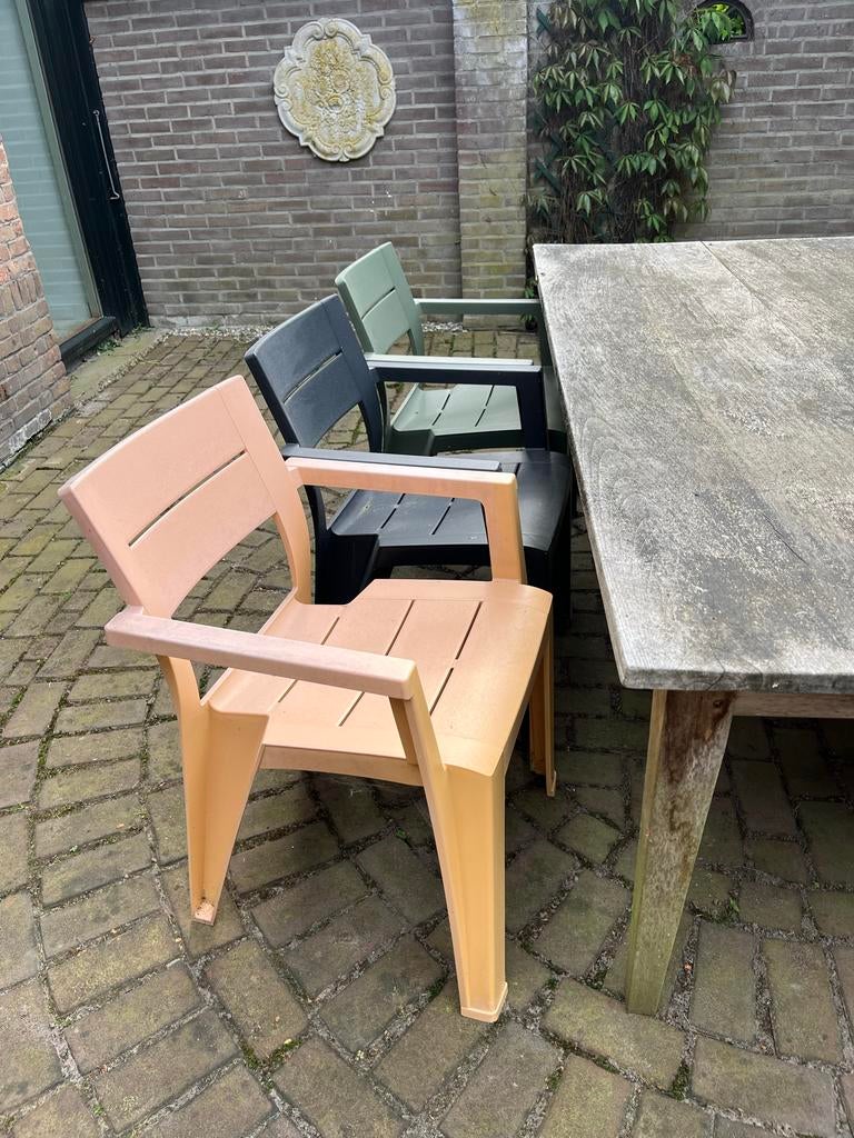 Set van 6 kunststof tuinstoelen in diverse kleuren, Tuin en Terras, Ophalen of Verzenden, Gebruikt