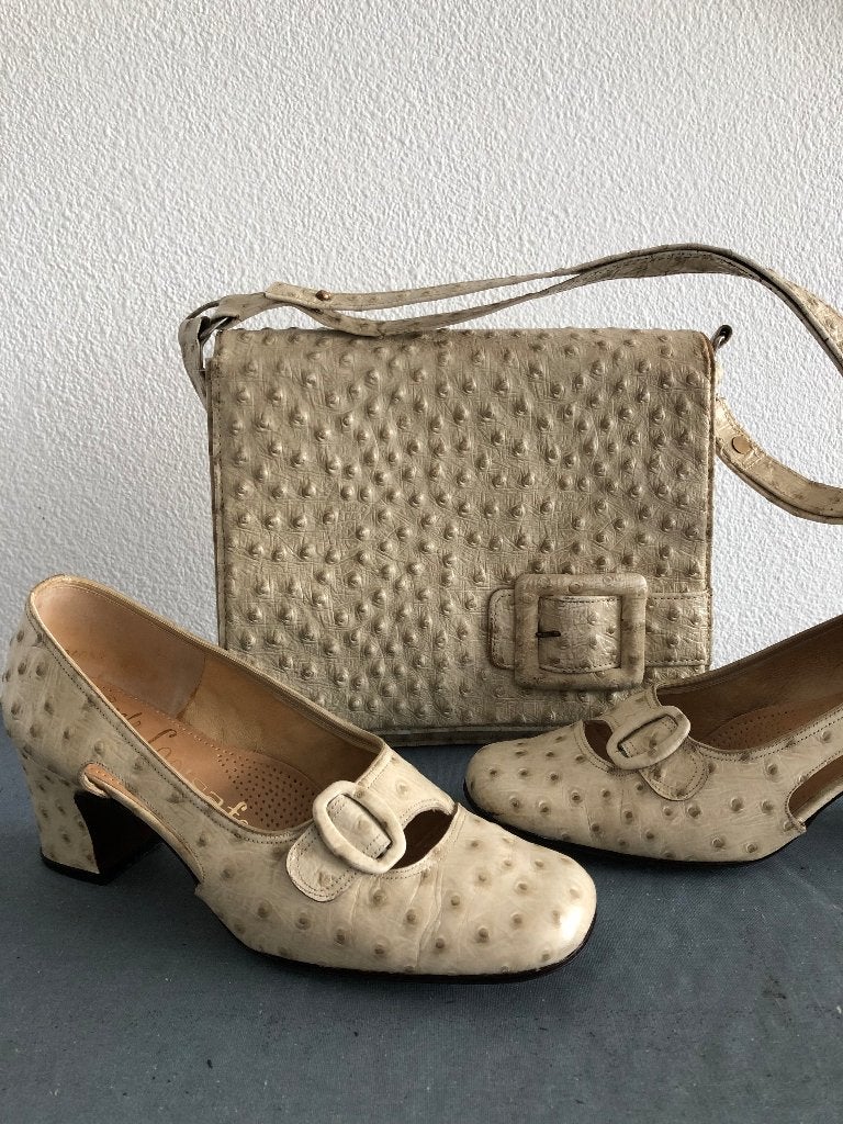 vintage struisvogel tas, Ophalen of Verzenden, Gebruikt, Beige, Handtas