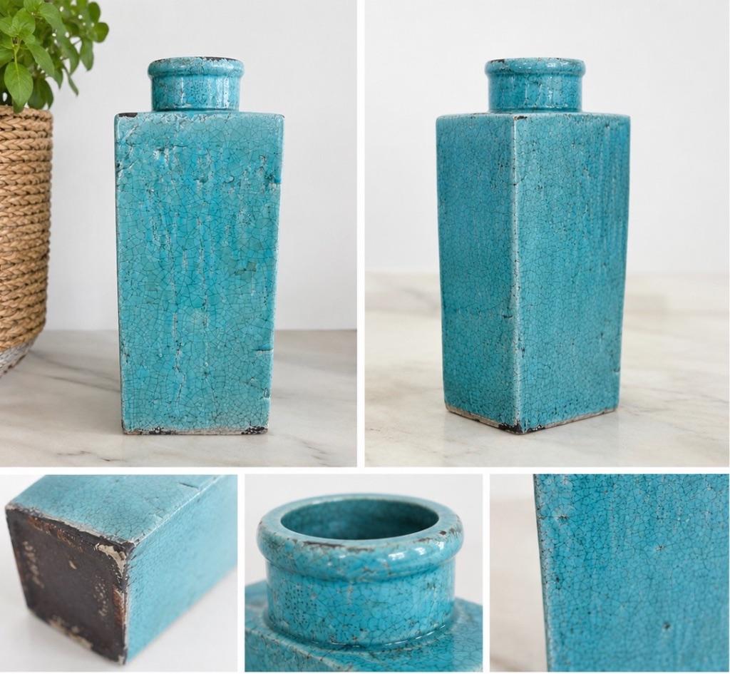 Vintage turquoise keramieken vaas / bloempot, Huis en Inrichting, Woonaccessoires | Vazen, Ophalen, Overige kleuren, Minder dan 50 cm