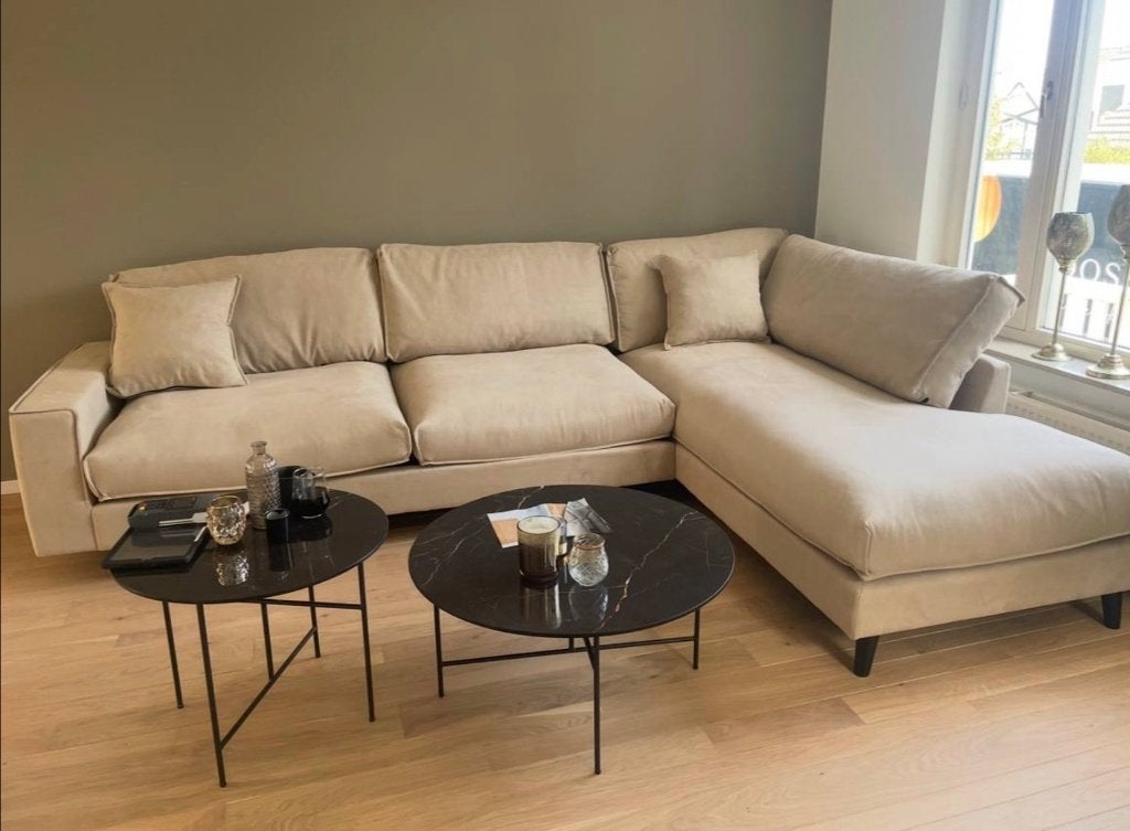 Goossens beige hoekbank – zo goed als nieuw – 308 cm, Hoekbank, 300 cm of meer, Ophalen of Verzenden, Zo goed als nieuw