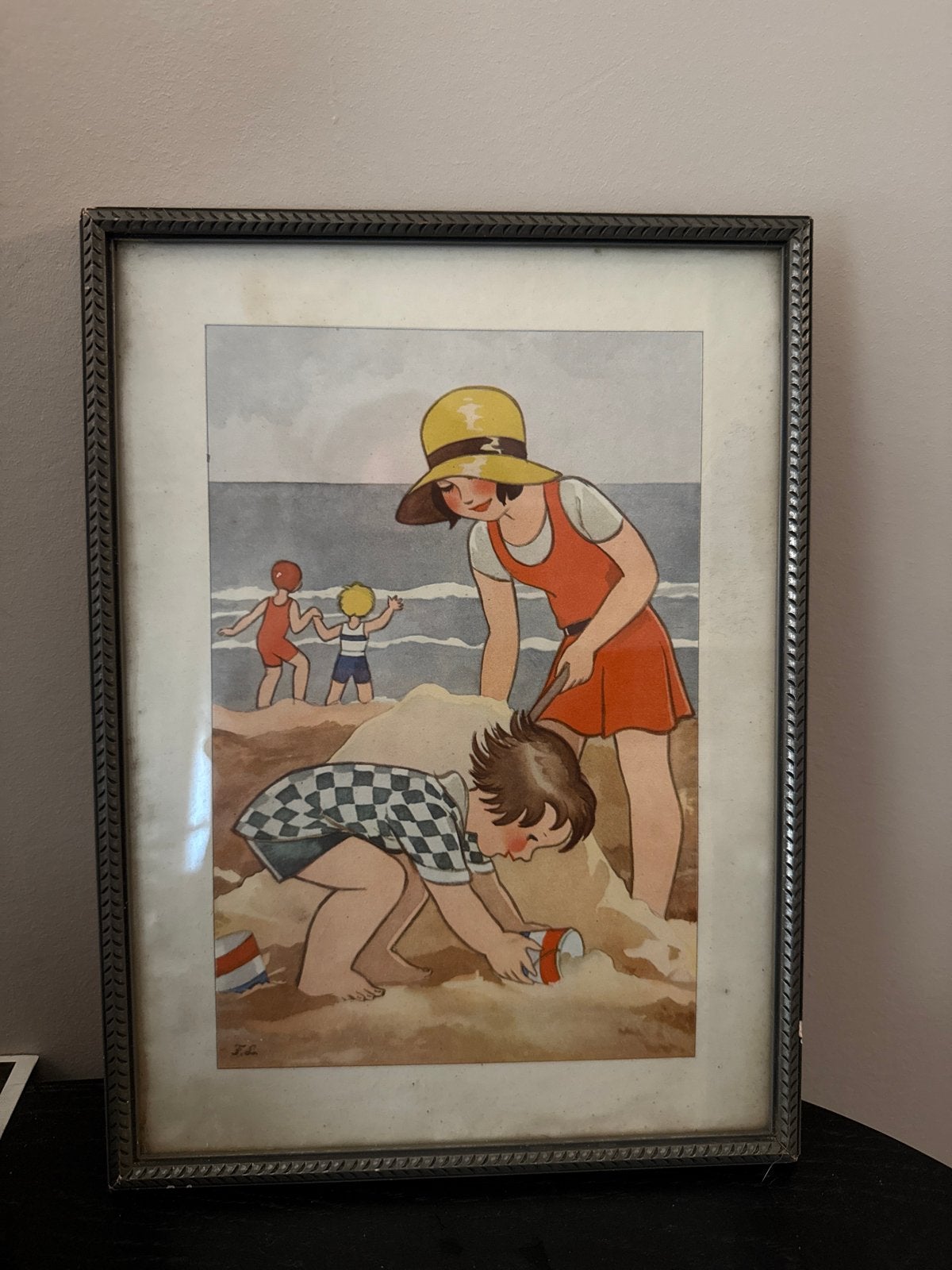 Vintage schilderijtje: Kinderen spelen op het strand, Portret of Personen, Ophalen of Verzenden, Gesigneerd, Aquarel