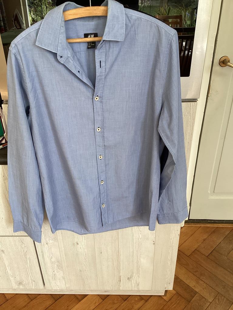H&M Blauw Overhemd Maat M met Leuke Elleboogstukken, Kleding | Heren, Overhemden, Ophalen of Verzenden, Zo goed als nieuw, Blauw