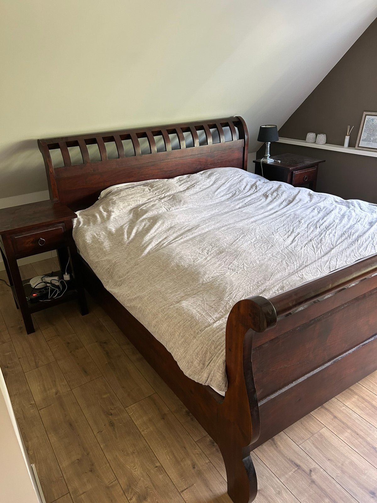 Teakhouten bed 180x210 incl 2 nachtkastjes en teak bankje, Ophalen, Bruin, 210 cm, Tweepersoons
