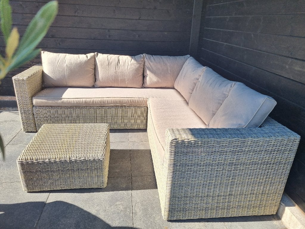 Wicker hoek loungeset bruingrijs inclusief kussens, Tuin en Terras, Tuinsets en Loungesets, Ophalen, 5 zitplaatsen, Gebruikt, Loungeset