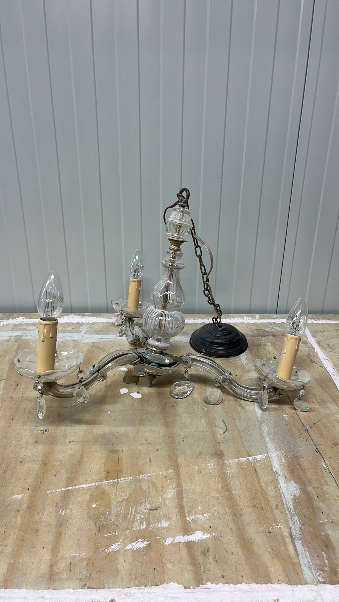 Antieke glazen kroonluchter met 3 armen, Ophalen of Verzenden
