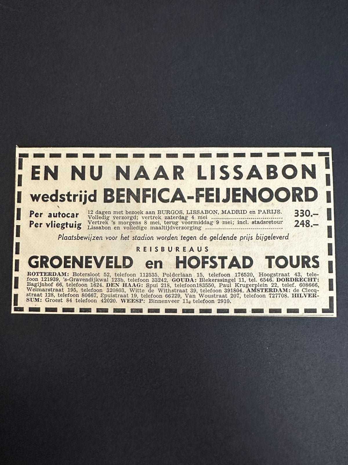 Voetbal reklame Benfica Feyenoord mei 1963, Ophalen of Verzenden, 1980 tot heden, Knipsel(s)