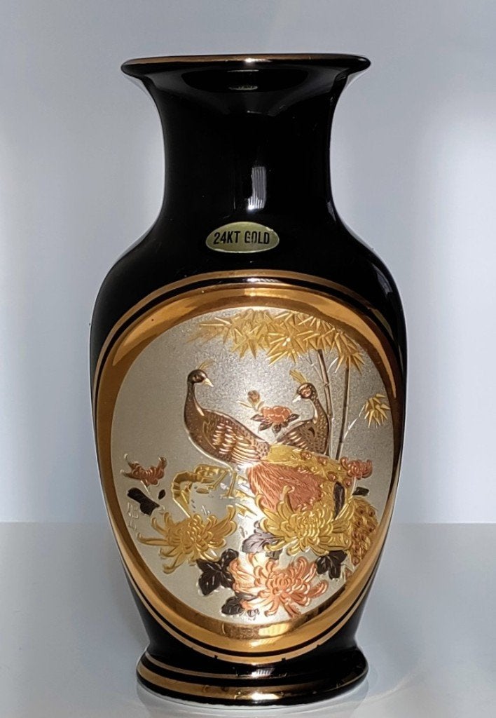 Vintage CHOKIN Art Zwarte JAPANSE Vaas PEACOCKS en FLORAL, Antiek en Kunst, Ophalen of Verzenden