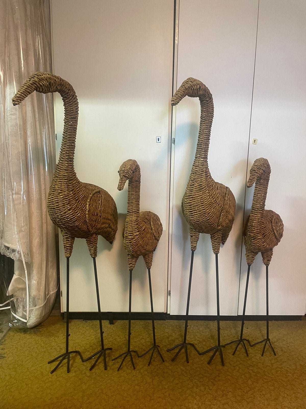Set van 4 rieten flamingo's/reigers - decoratieve beelden, Ophalen, Gebruikt, Overige stijlen, Natuurlijk materiaal