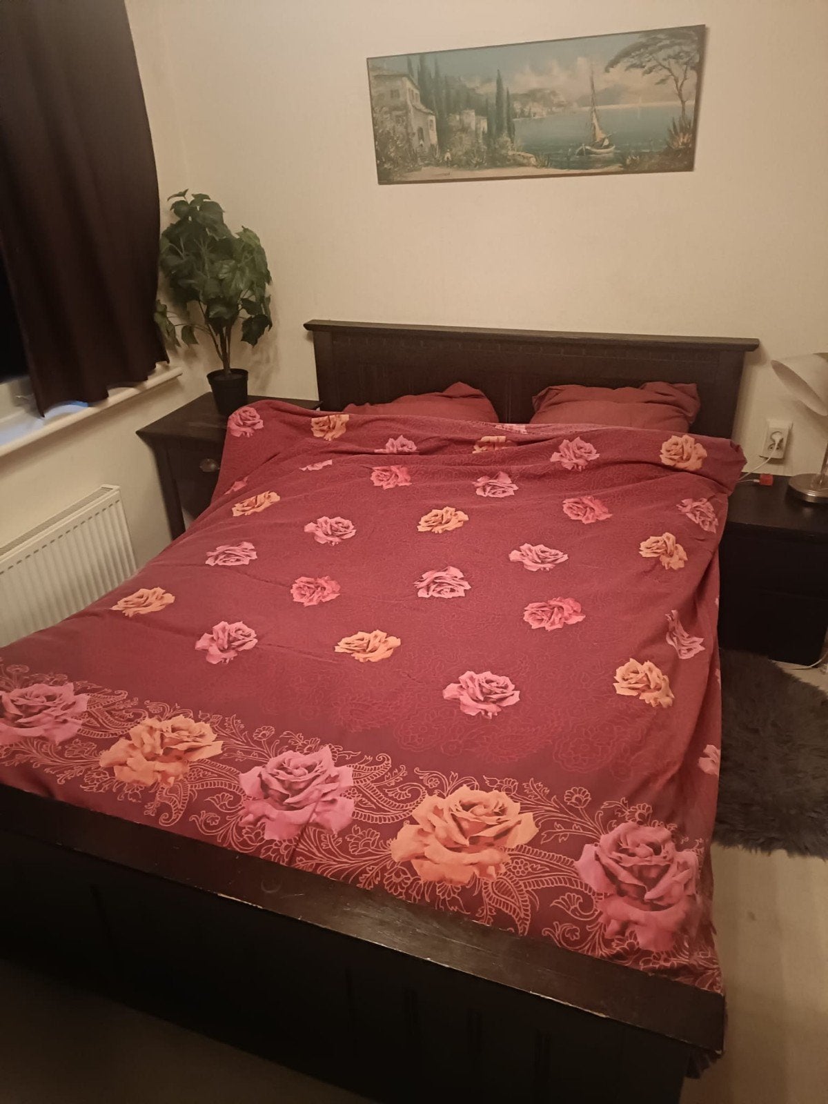 Houten donkerbruin bed, Huis en Inrichting, Ophalen, Gebruikt, Bruin, Tweepersoons