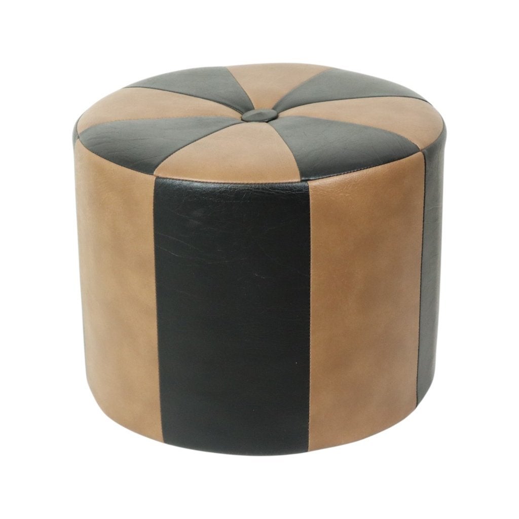 Vintage Bruine Poef Tweekleurig Skai Kunstleder Sixties, Minder dan 50 cm, Gebruikt, Rond, Minder dan 50 cm