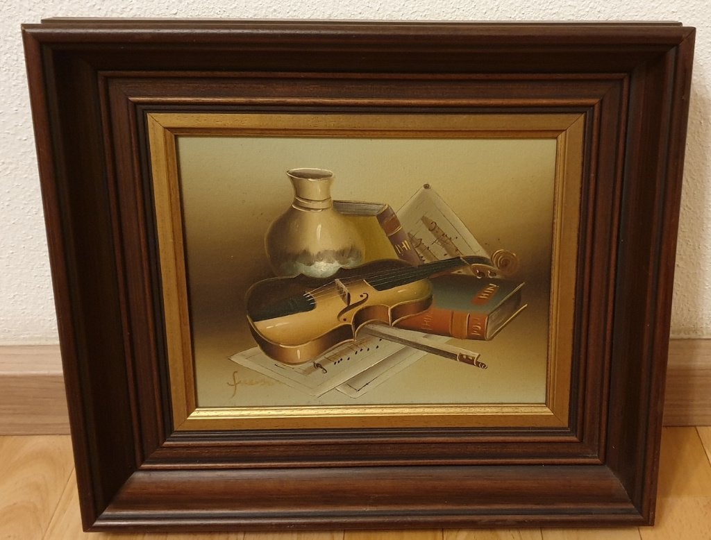 Stilleven van een viool, kruik en boeken van Colin Fraser?., Antiek en Kunst, Doek, Stilleven, Ophalen of Verzenden, Olieverf
