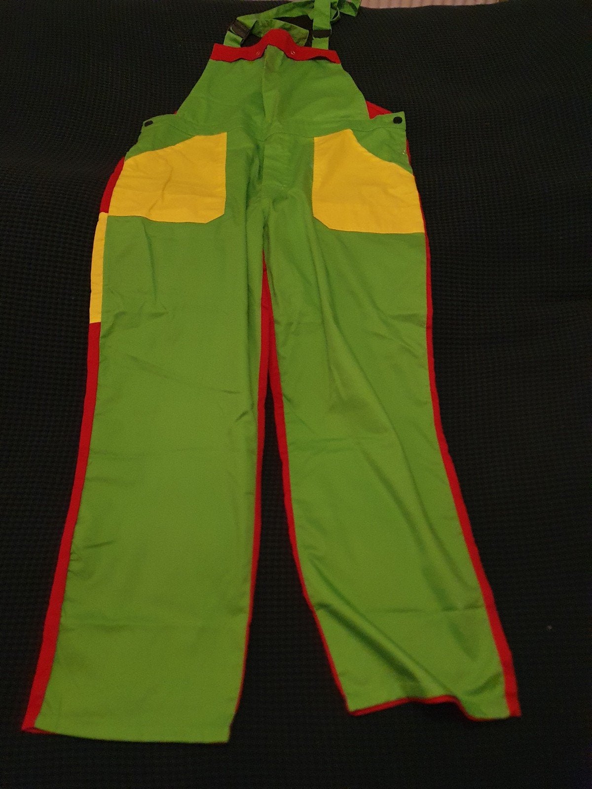 Carnavalspak: Groene tuinbroek met rode en gele accenten, Ophalen, Gedragen, Carnaval, Kleding