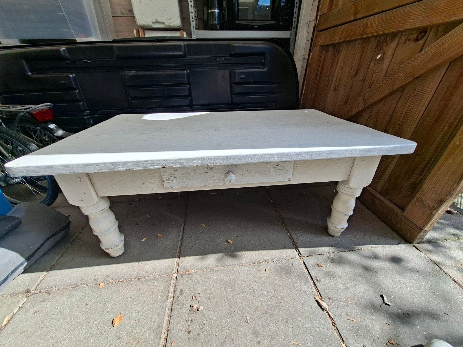Massief houten salontafel met lade (120x68x46), Ophalen, Gebruikt, 100 tot 150 cm, 50 tot 100 cm