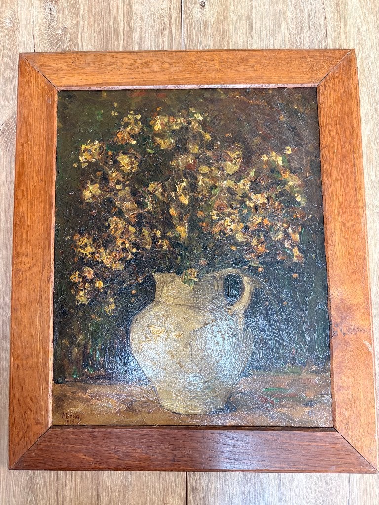 Schilderij van J Dona uit 1919 - vaas met bloemen, Doek, Klassiek, Ophalen, Bloemen