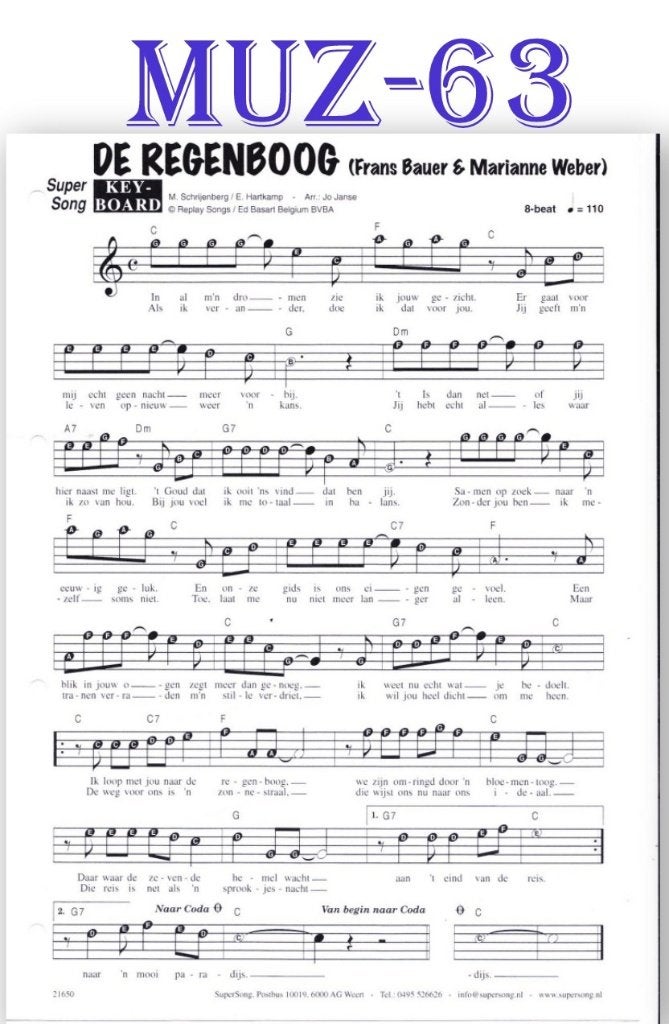 Muz63 bladmuziek super song: De Regenboog  (, Gebruikt, Ophalen of Verzenden, Keyboard, Artiest of Componist