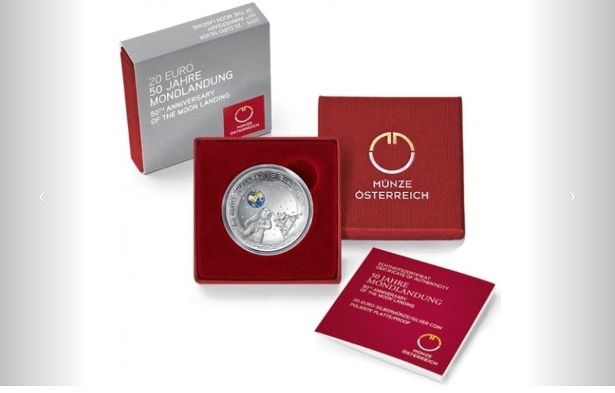Zilveren 20 euro Apollo 11 maanlanding Bolvormige munt., Oostenrijk, Zilver, Losse munt, Overige waardes