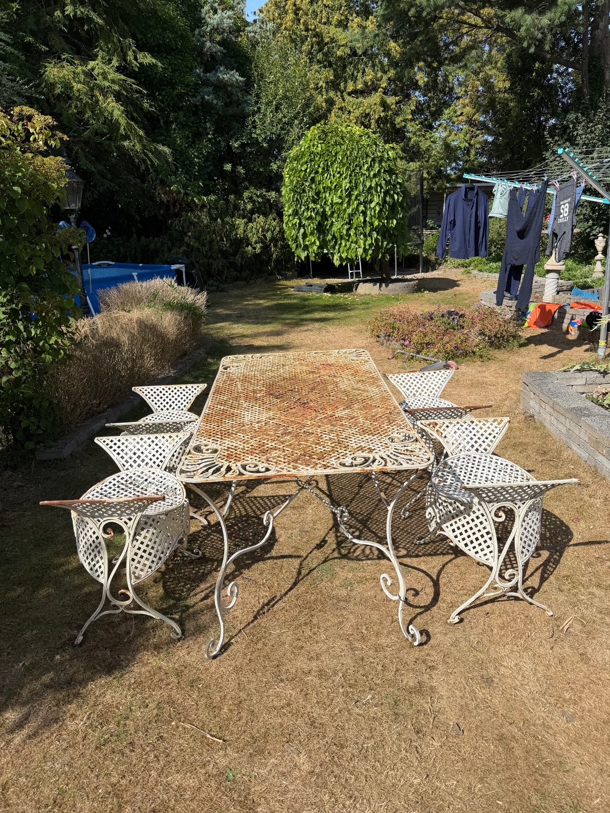 Vintage metalen tuinset met 4 stoelen en tafel, Ophalen, Gebruikt, Eettafel, Tuinset
