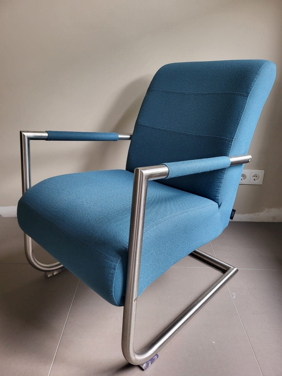 Petrol fauteuil met metalen frame, Blauw, Zo goed als nieuw, Stof, Eén