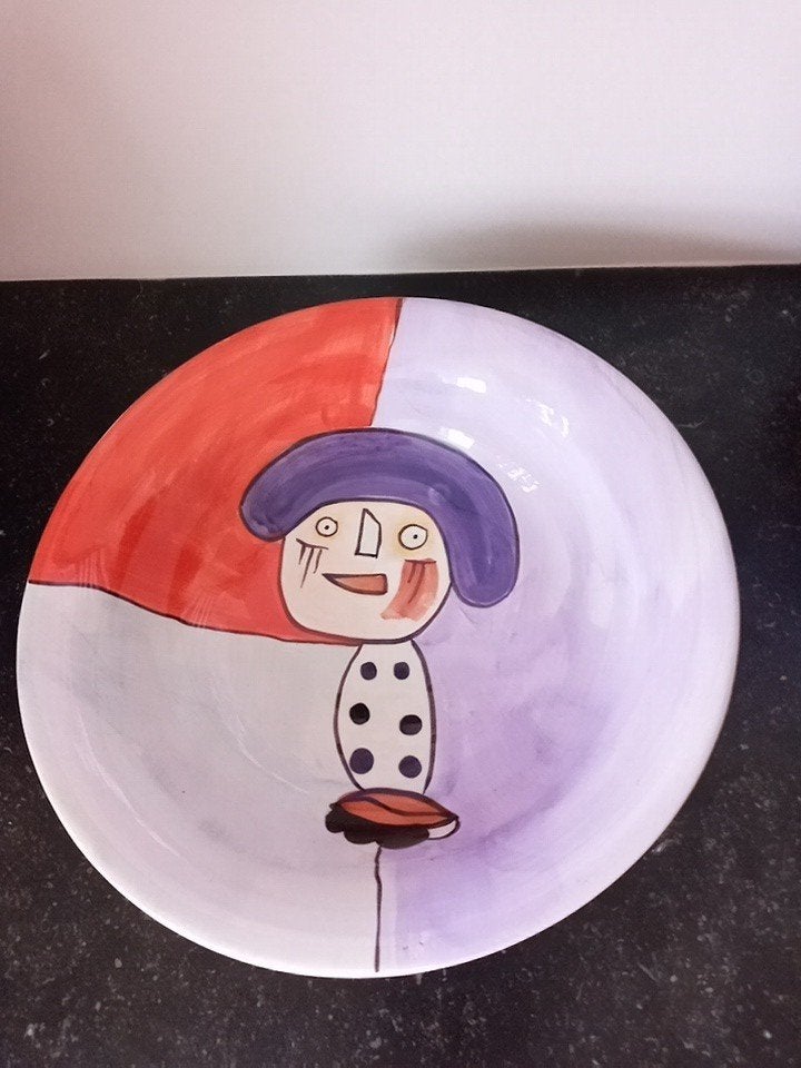 38diam prachtige schaal met naïeve kunst blauw lila oranje, Schaal, Rond, Nieuw, Ophalen of Verzenden