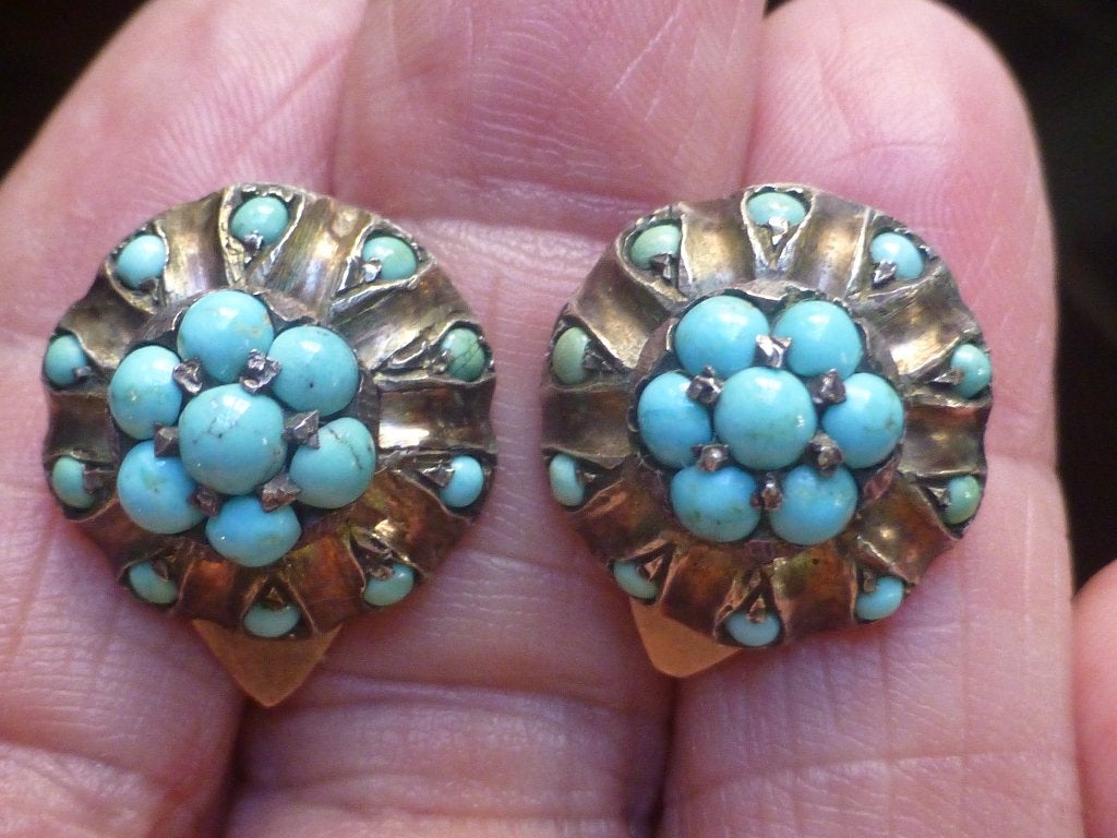 Antieke Goud op Zilver Oorclips met echt Turkoois, Sieraden, Tassen en Uiterlijk, Ophalen of Verzenden, Zilver, Oorbellen, Met edelsteen
