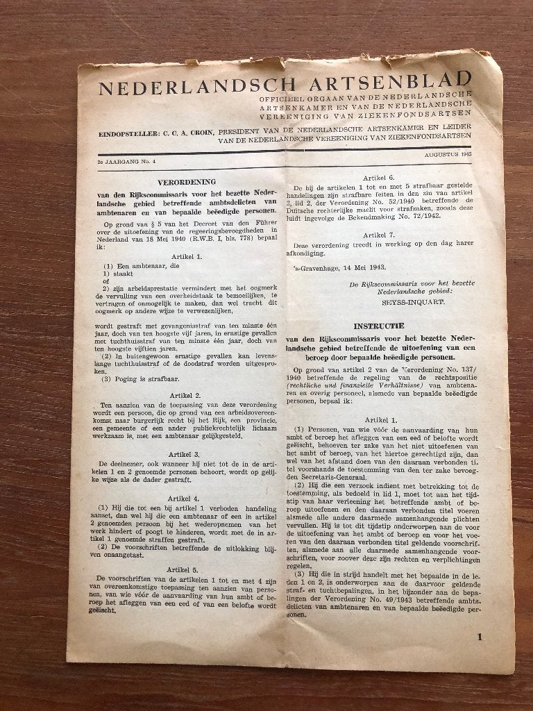 NSB Augustus 1943 'Nederlandsch Artsenblad. Officieel, Verzenden, Overige onderwerpen, Tweede Wereldoorlog, Gelezen