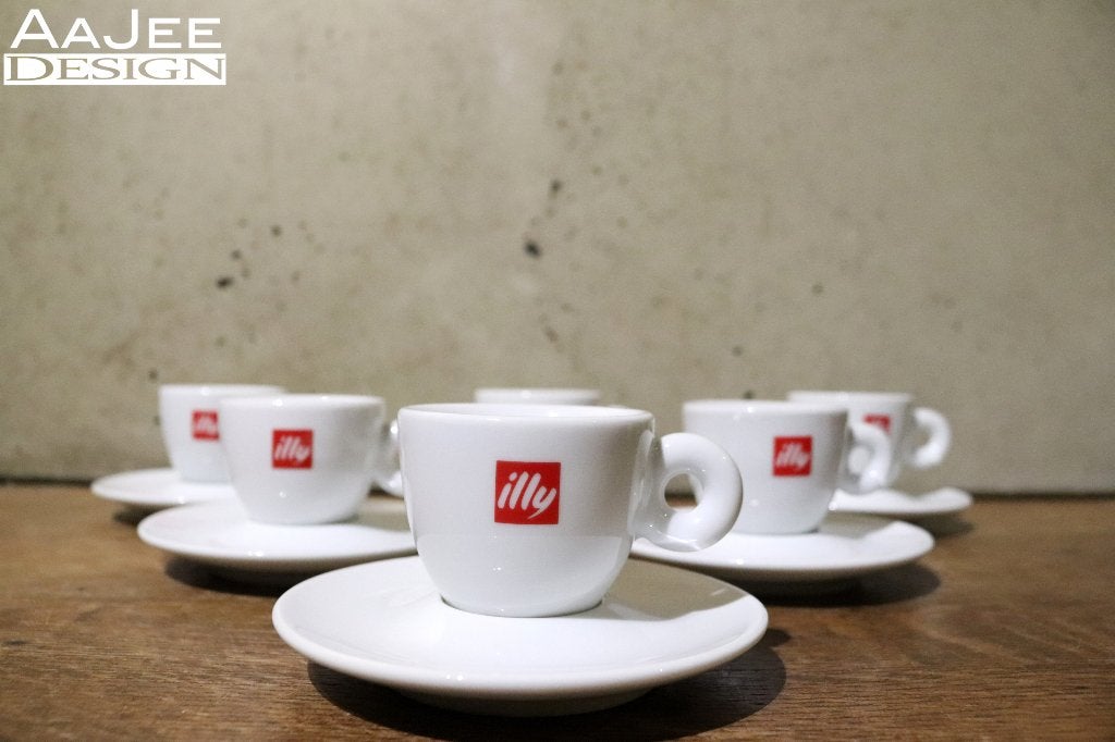 6 x Illy - Espresso kop & grote schotels - 6 Complete setjes, Gebruikt, Ophalen of Verzenden, Overige stijlen, Kop(pen) en/of Schotel(s)