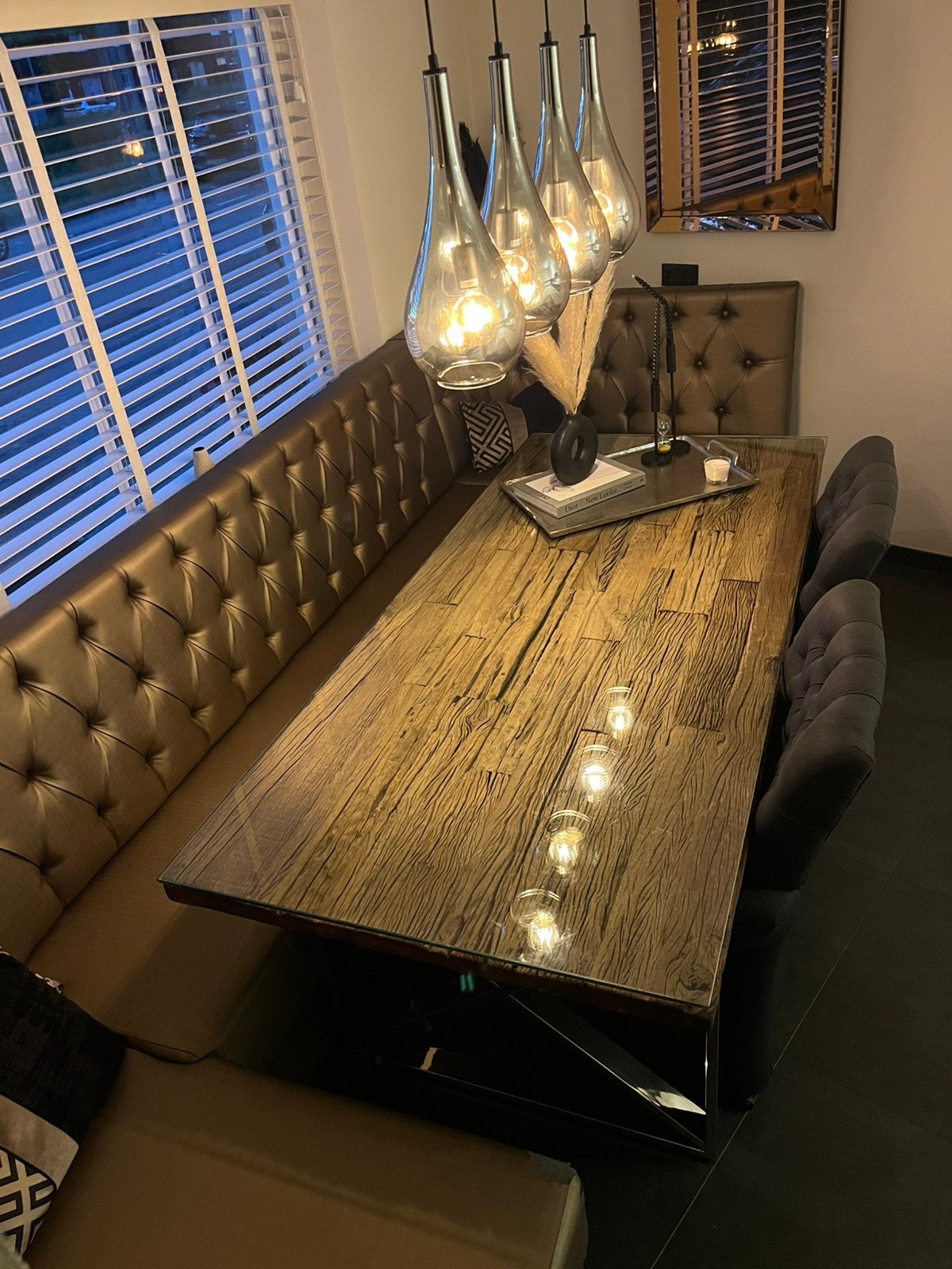 Eettafel + hoekbank en 2 stoelen (op wieltjes), Huis en Inrichting, Ophalen