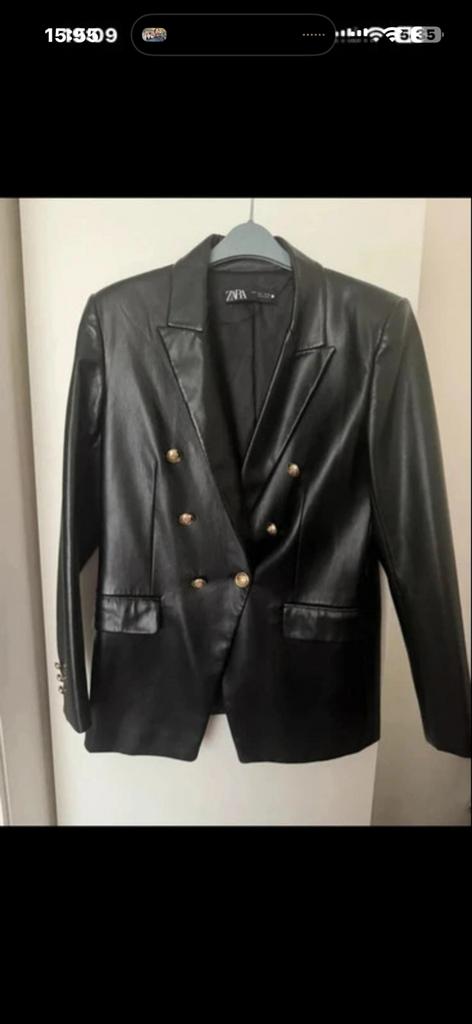 Zara Zwarte leren blazer met gouden knopen in maat l, Ophalen of Verzenden, Zo goed als nieuw, Maat 42/44 (L), Zwart