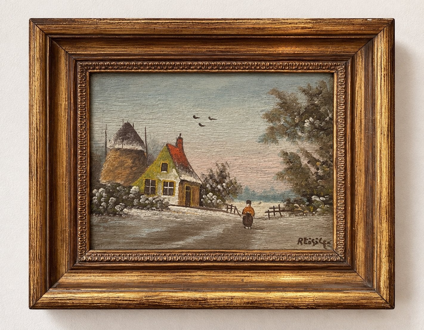 Vintage schilderijtje, Paneel, Realistisch, Gesigneerd, Ophalen of Verzenden