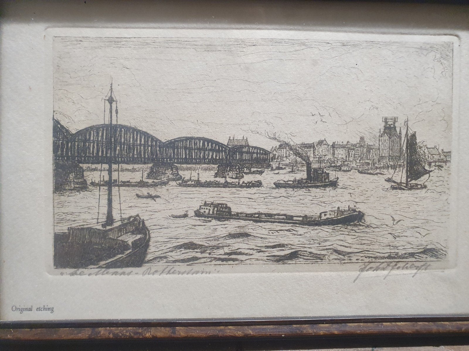 Originele ets 'De Maas - Rotterdam' van John Scholte, Ets, Stadsgezicht, Ophalen of Verzenden, Origineel