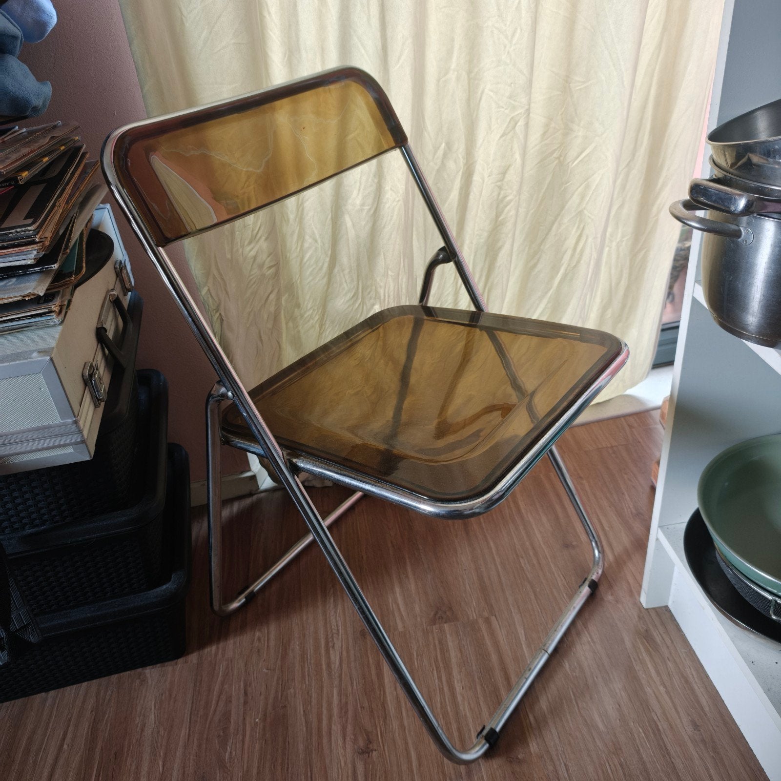Vintage opvouwbare stoel - Plia-stijl, Huis en Inrichting, Stoelen, Ophalen, Gebruikt, Eén, Metaal