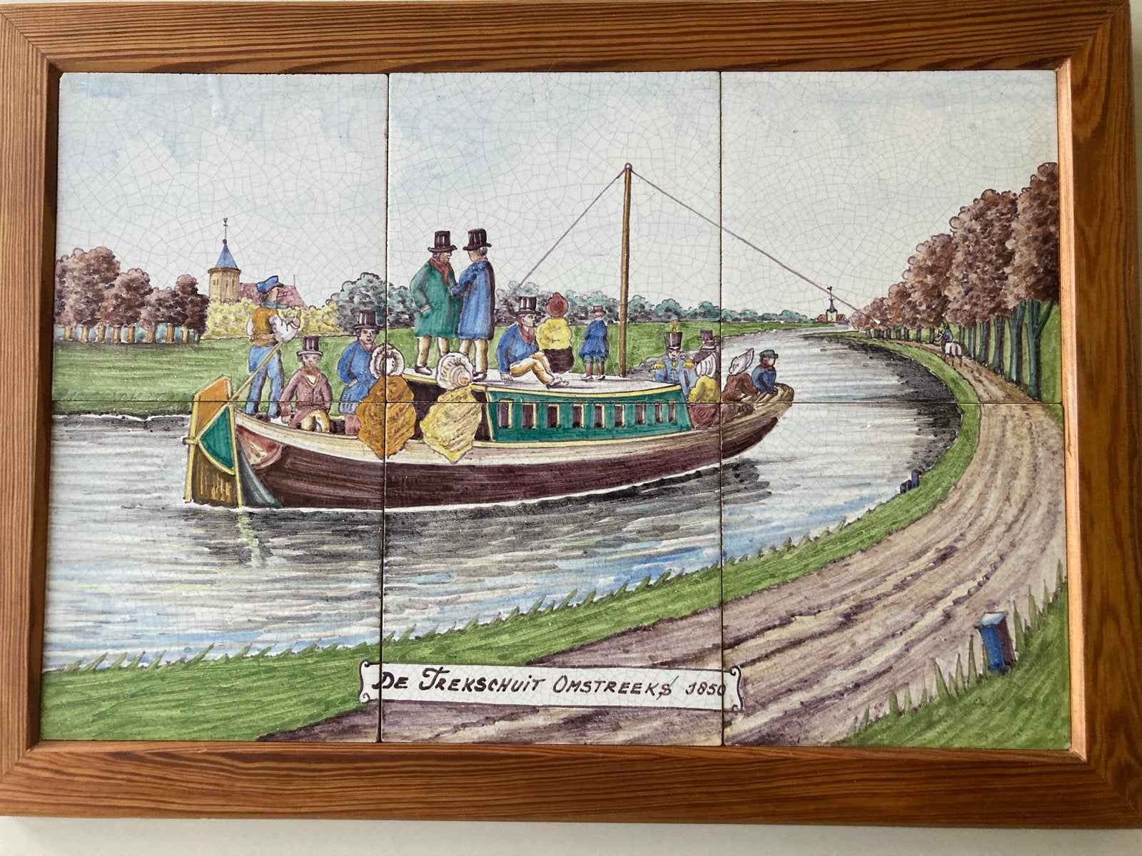 Delfts Polychroom Tegeltableau 'De Trekschuit Omstreeks 1850, Antiek en Kunst, Ophalen of Verzenden