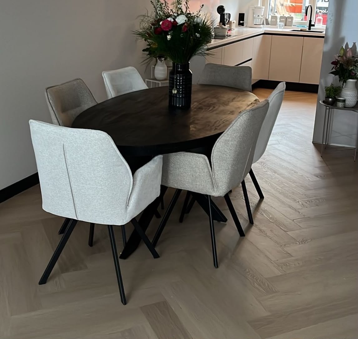 Moderne eetkamerset met ovale tafel en 6 stoelen, Ophalen of Verzenden, Zo goed als nieuw, Modern, 4 tot 6 stoelen