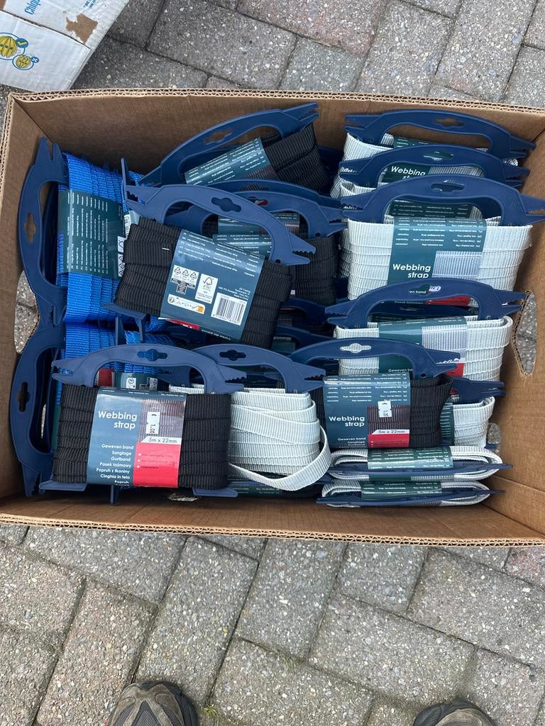 Een doos vol 44x Webbing band 5m x 22mm - Diverse kleuren, Ophalen of Verzenden, Zo goed als nieuw