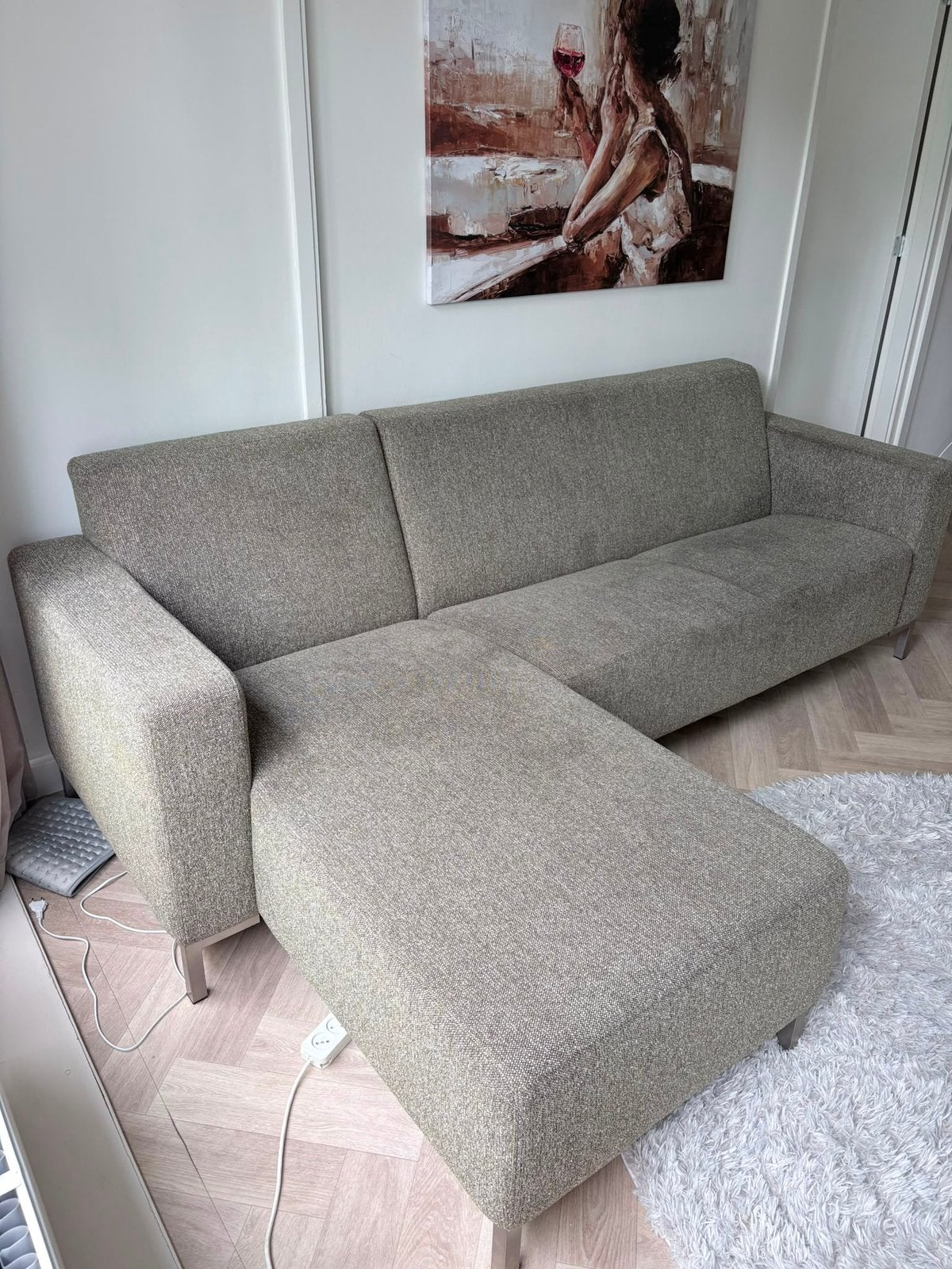 Moderne Montel Hoekbank met Longchair - Grijs/Groen, Ophalen, 250 tot 300 cm, 75 tot 100 cm, Zo goed als nieuw