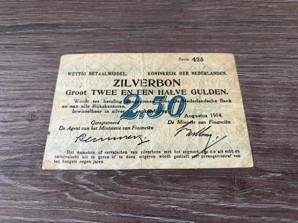 Zeldzaam biljet 2,5 gulden zilverbon, 1914, Postzegels en Munten, Bankbiljetten | Nederland, Ophalen of Verzenden, 1 gulden