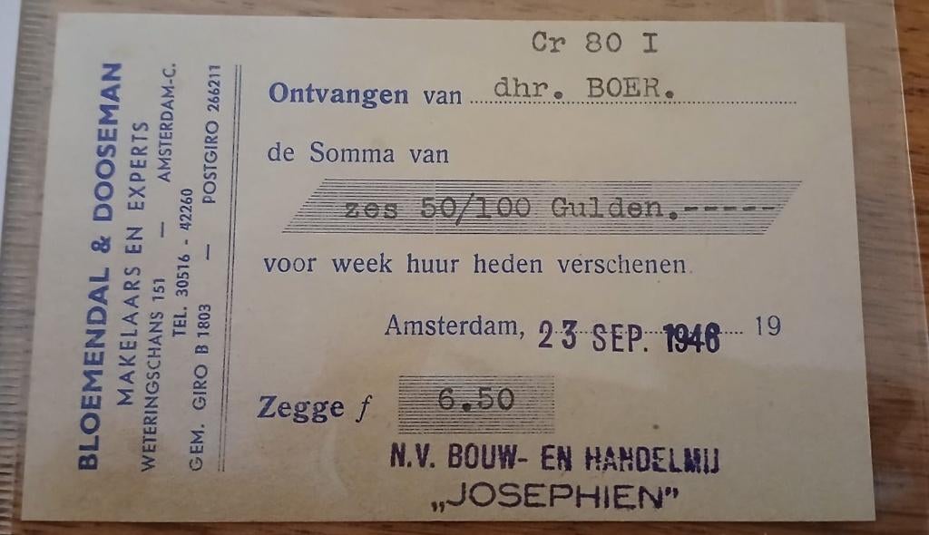 Originele Huurkwitantie  Bloemendal & Dooseman, Amsterdam, Ophalen of Verzenden, 1940 tot 1960, Gelopen, Noord-Holland