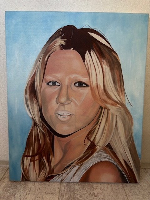 Olieverf schilderij, portret jonge vrouw, 50 x 40 cm, Ophalen of Verzenden, Op houten frame, Portret