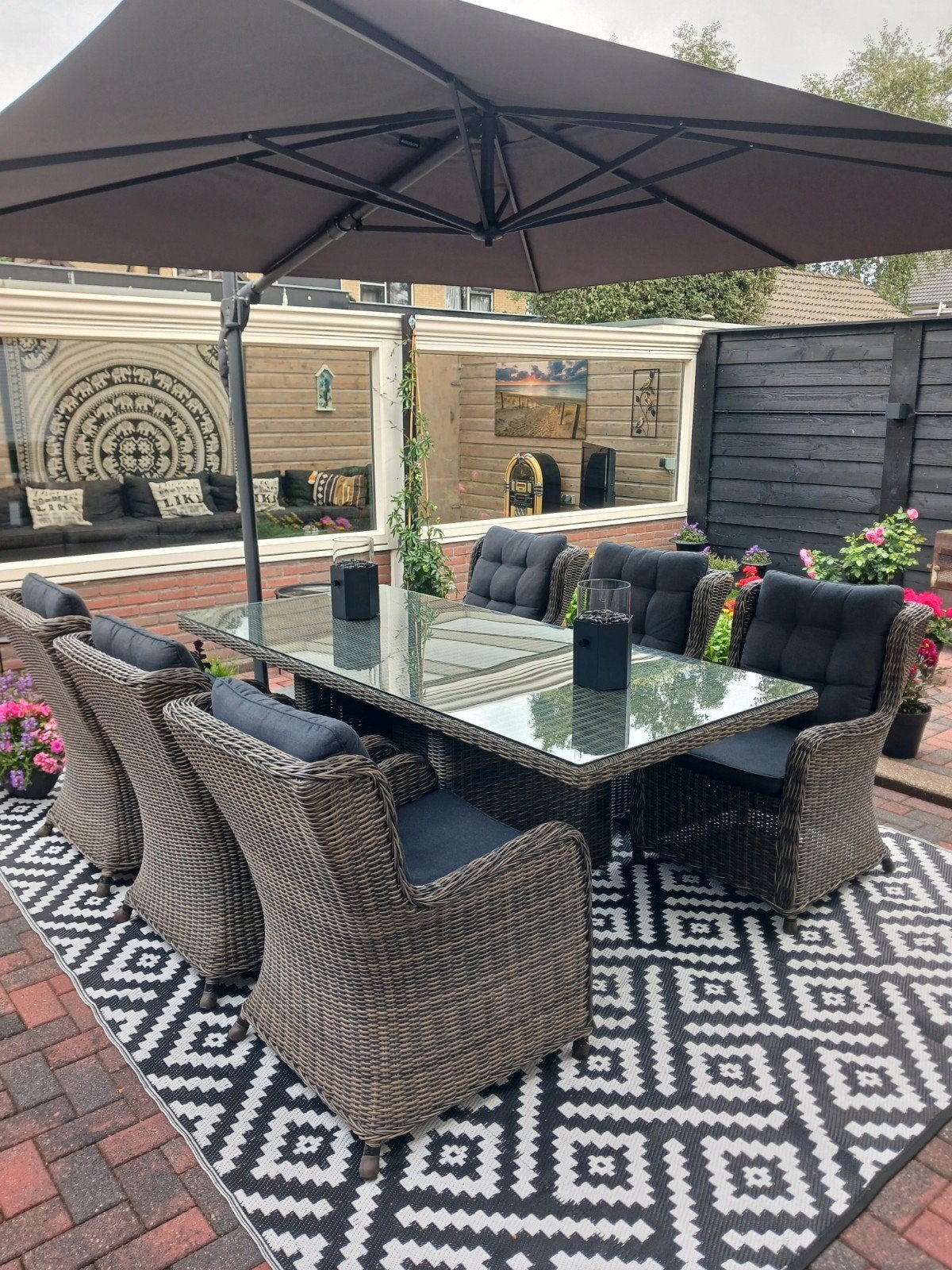 Luxe Wicker Tuinset met Glazen Tafel, Tuin en Terras, Ophalen, Zo goed als nieuw, Wicker, Tuinset