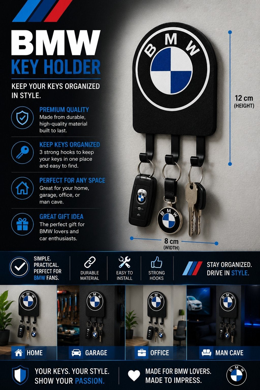 BMW Sleutelhouder - Wandkapstok met 3 Haken, Wandkapstok, Overige materialen, Verzenden, Nieuw